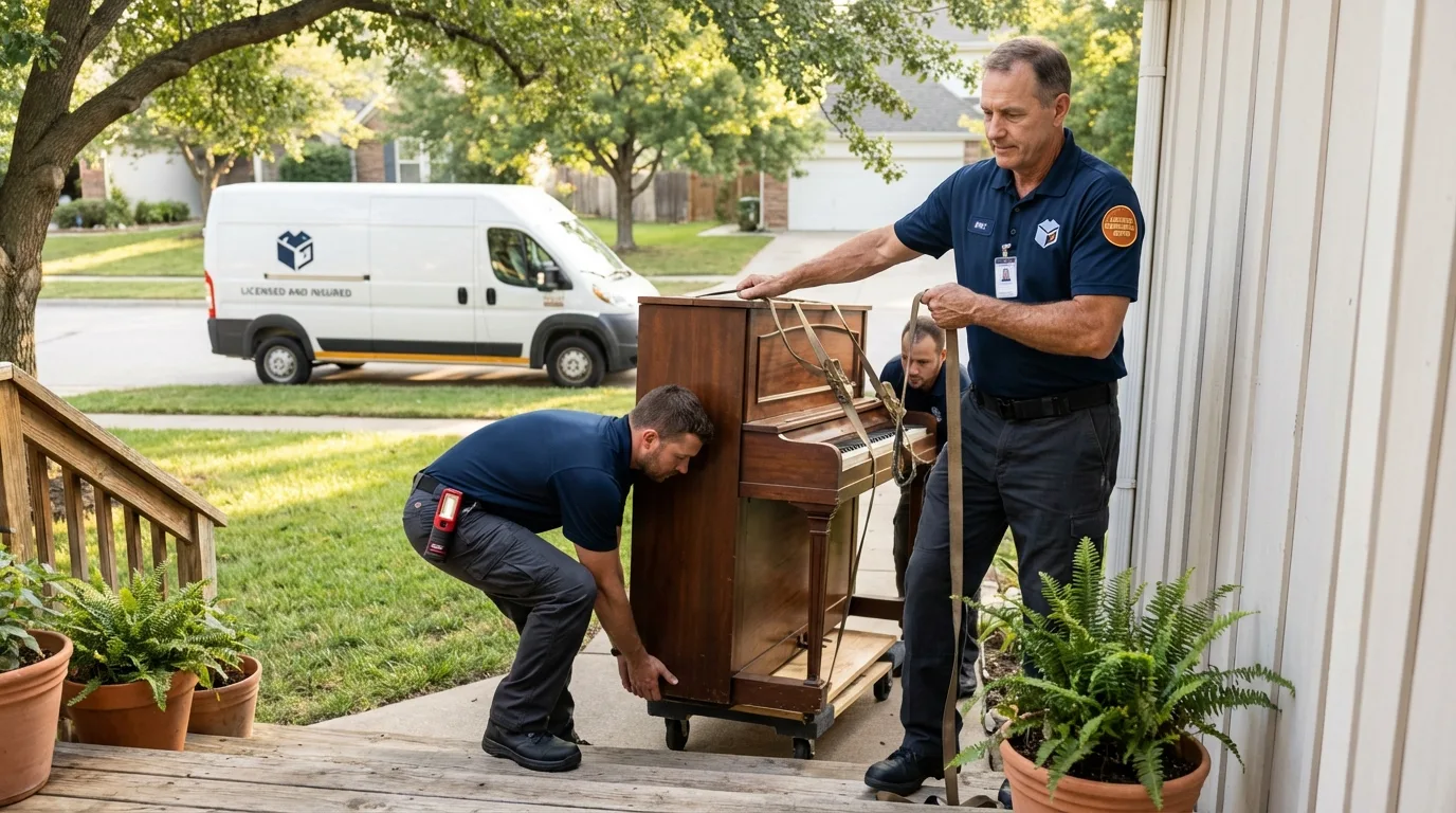 Licensed piano movers securing grand piano in Leadwood, MO