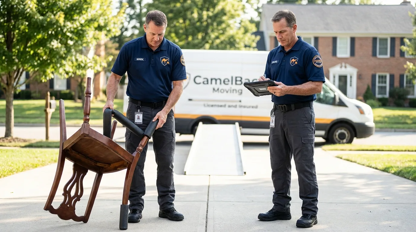 Movers inspecting furniture for damage prevention before loading in Leadwood, MO
