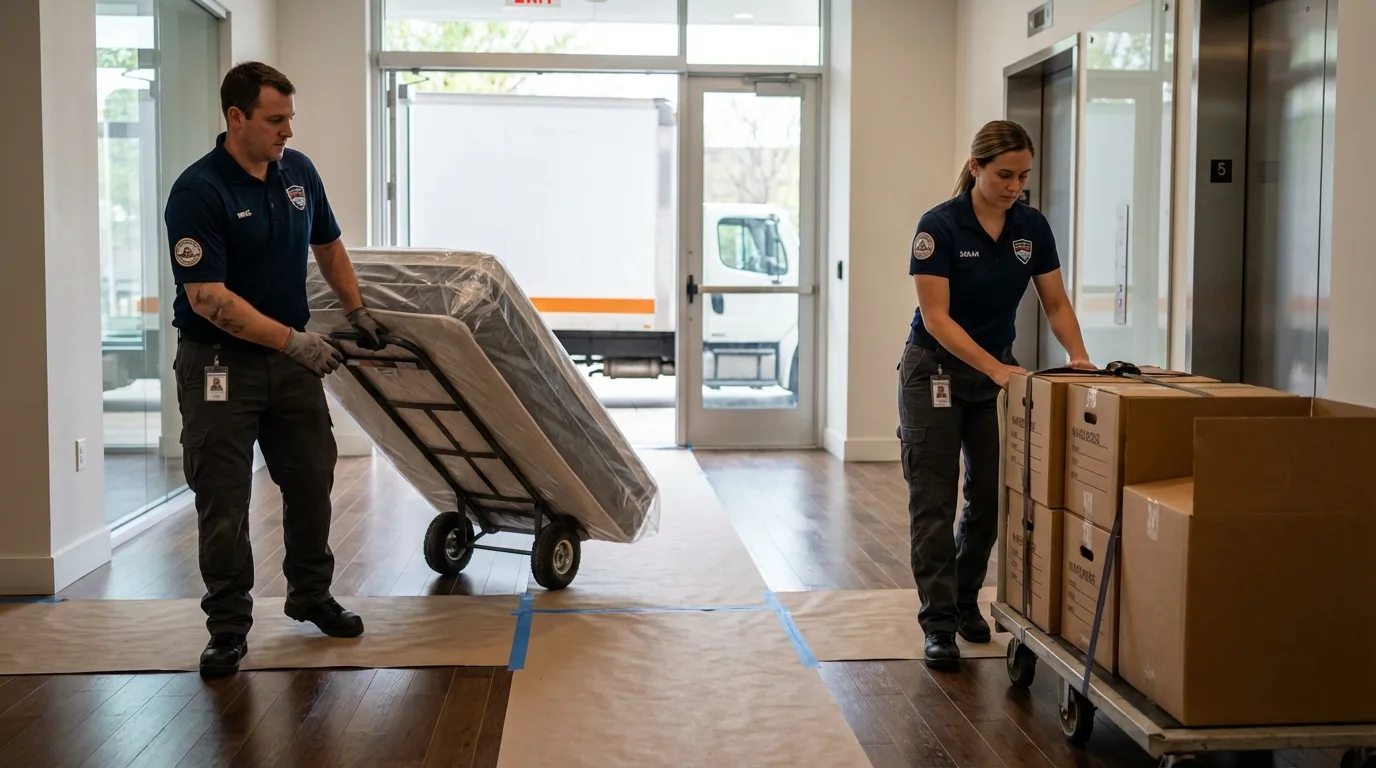 Professional apartment movers loading elevator in Leadwood, MO